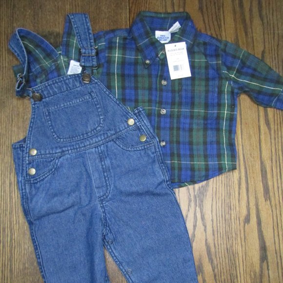 Baby boys 2 piece flannel shirt & overalls set 6/9 - Picture 1 of 4